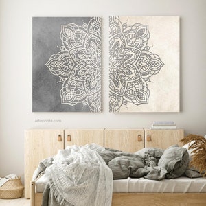 Boho Wall Art Set of 2 Prints, Vintage Style Mandala Digital Download, Gray Beige Bedroom Living Room Decor, Digital Prints | Aga Szafranska