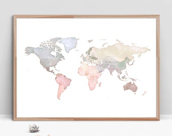 Original Pastel World Map, Neutral Nursery Wall Decor, Printable Wall Art World Map, Map of the World Art Print Instant Download