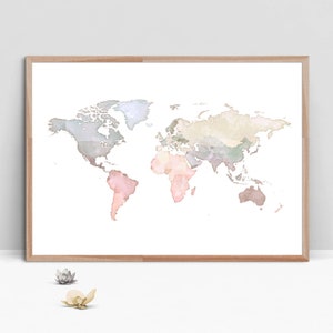 Pastel World Map Wall Art, Neutral Nursery Decor, Watercolor Continents Map, Printable Poster, Travel Map, Digital Download - Aga Szafranska