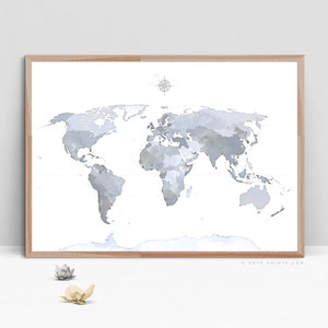 World Map Print, Gray Blue Wall Art, Watercolor Digital Art Prints, Printable Nursery Decor, Living Room Bedroom Wall Decor Digital Download