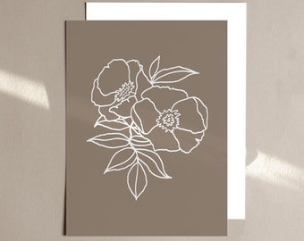 Flower Art, Minimalist Drawing Print, Taupe and White Line Art, Modern Floral Wall Decor, Flower Silhouette, Illustration, Digital Download