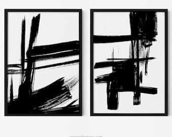 Set 2 Black and White Abstract Bold Brush Strokes Prints Minimalist Modern Art Printable
