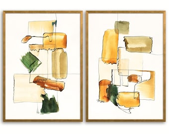 Set 2 Minimalist Colorful Abstract Print Set, Modern Large Watercolor Wall Art Digital Download