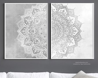 Mandala Wall Art Set Printable Boho Bedroom Decor, 2 Gray Mandala Prints Digital Download