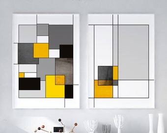 Geometric Wall Art Set of 2 Prints, Bauhaus Posters, Simple Modern Art, Yellow Black Geometric Art Prints Digital Download | Aga Szafranska