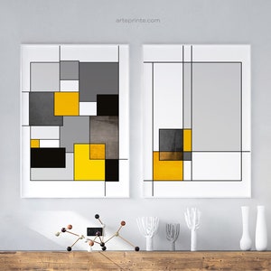 Bauhaus Art Prints Set: Yellow Black Geometric Wall Decor (Digital Download)