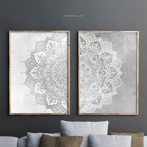 Gray Mandala Printable Wall Art Set of 2 Prints, Grey Bedroom Wall Decor, Boho Living Room Wall Art, Large Mandala Posters, Digital Download