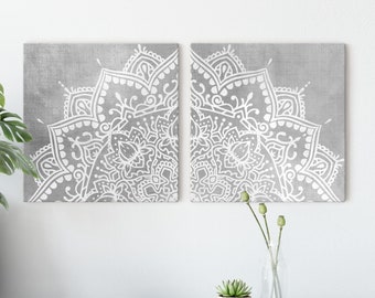 SQUARE ART SET of 2 Prints, Grey White Mandala Printable Wall Art, Calming Boho Bedroom Living Room Decor, Pair of Prints, Digital Download