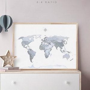 Blue Gray World Map, Wall Art, Printable, Watercolor Digital Prints, Boy Nursery Decor, Living Room & Bedroom Wall Decor, Digital Download
