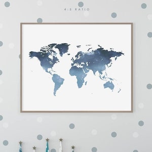 Navy Blue World Map Print, Minimalist World Map Poster, Modern Travel Map Art, Blue Printable Wall Decor, Digital Download - Aga Szafranska