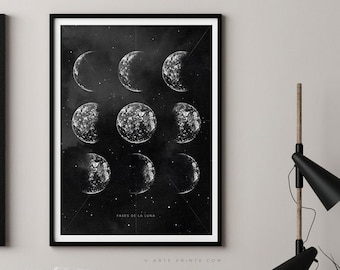 May include: Black and white illustration of the phases of the moon against a dark starry background. The text "FASES DE LA LUNA" is at the bottom of the image.