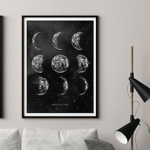 Moon Phases Print, Black White Wall Art Printable, Pencil Drawing Phases of the Moon, Moon Poster, Instant Digital Download - Aga Szafranska