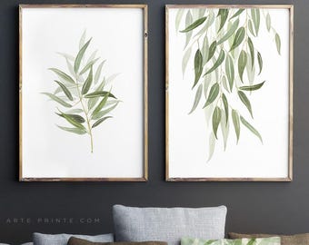 Watercolor Eucalyptus Botanical Prints Set of 2 Minimalist Green Leaf Art (Digital Download)