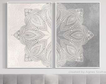 Mandala Wall Art Set 2 Gray Off-White Prints Digital Download Boho Home Decor Printable