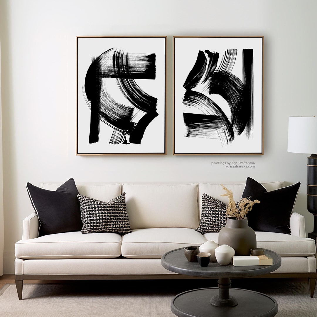 Black White Abstract Brushstroke Art Prints: Modern Minimalist Set ...