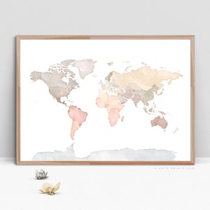 World Map Wall Art, World Map Print, Digital Watercolor Map Print, Printable Map, Nursery Baby Room Decor, Map of the World Digital Download