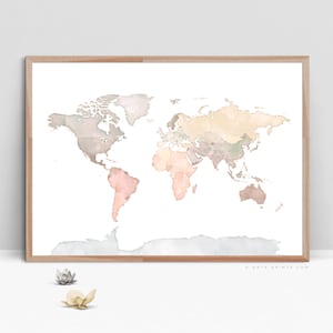 World Map Wall Art, Neutral World Map Print, Watercolor Continents Map, Nursery Decor, Kids Room Poster, Digital Download - Aga Szafranska