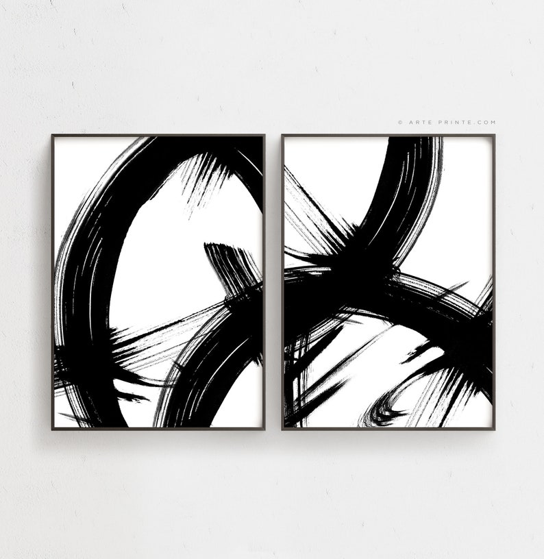 Black and White Minimalist Abstract Ink Painting Set of 2 Prints Printable Abstract Painting Brush Strokes Art Modern Wall Art Download