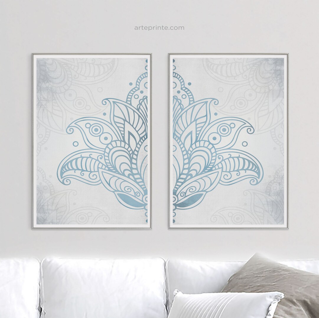 Blue Lotus Printable Mandala Wall Art Set 2 Prints, Gray Blue Boho ...