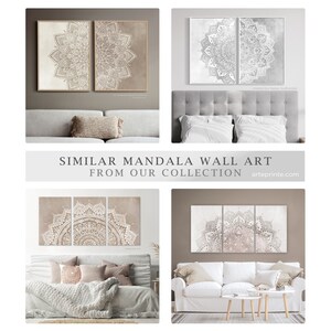 May include: Three wall art prints featuring intricate mandala designs in shades of white and brown. The prints are displayed in a living room setting with couches and pillows.
