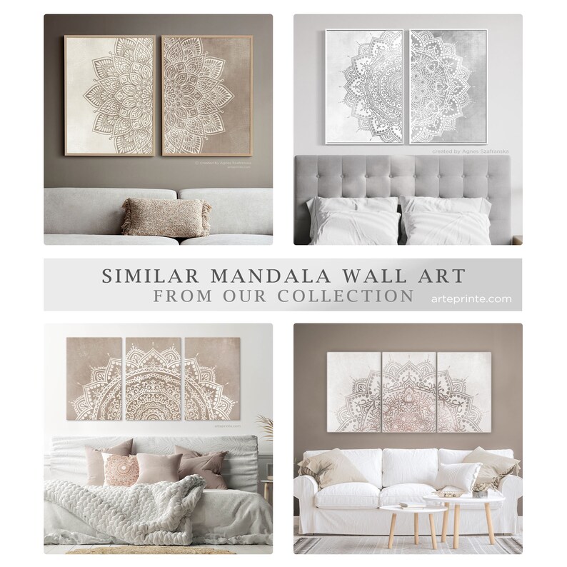 May include: Three wall art prints featuring intricate mandala designs in shades of white and brown. The prints are displayed in a living room setting with couches and pillows.