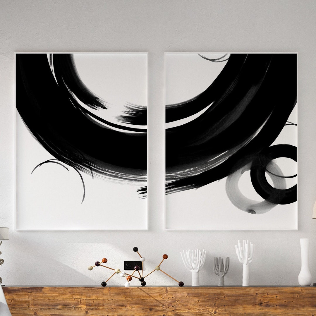 Black and White Abstract Wall Art Printable Set of 2 Prints, Black Ink ...