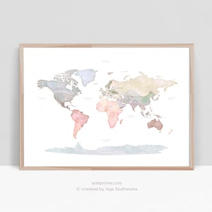 Original WORLD MAP Print with Continent Names, Printable World Map Pastel World Map Wall Art Nursery Decor Wedding Guest Book Map Poster