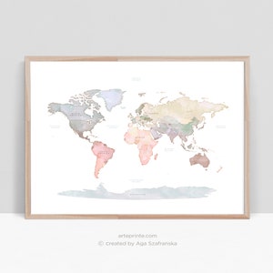 WORLD MAP Wall Art, World Map with Continent Names, Pastel World Map Poster Printable Nursery Decor - Digital Download | Aga Szafranska