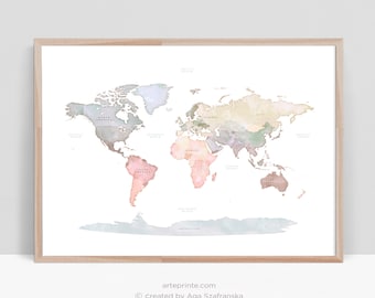 Original WORLD MAP Print with Continent Names, Printable World Map Pastel World Map Wall Art Nursery Decor Wedding Guest Book Map Poster