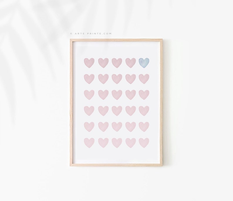 Baby Girl Room Decor, Blush Pink & Blue Watercolor Hearts, Nursery