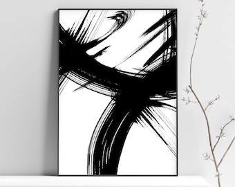 Brush Strokes Print, Black White Abstract painting, Black Ink Modern Painting, Printable Wall Art, Minimalist Abstract Art, Digital Download