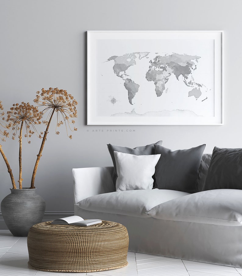 GRAY WORLD MAP Wall Art Printable World Map Art Gray World Map Etsy