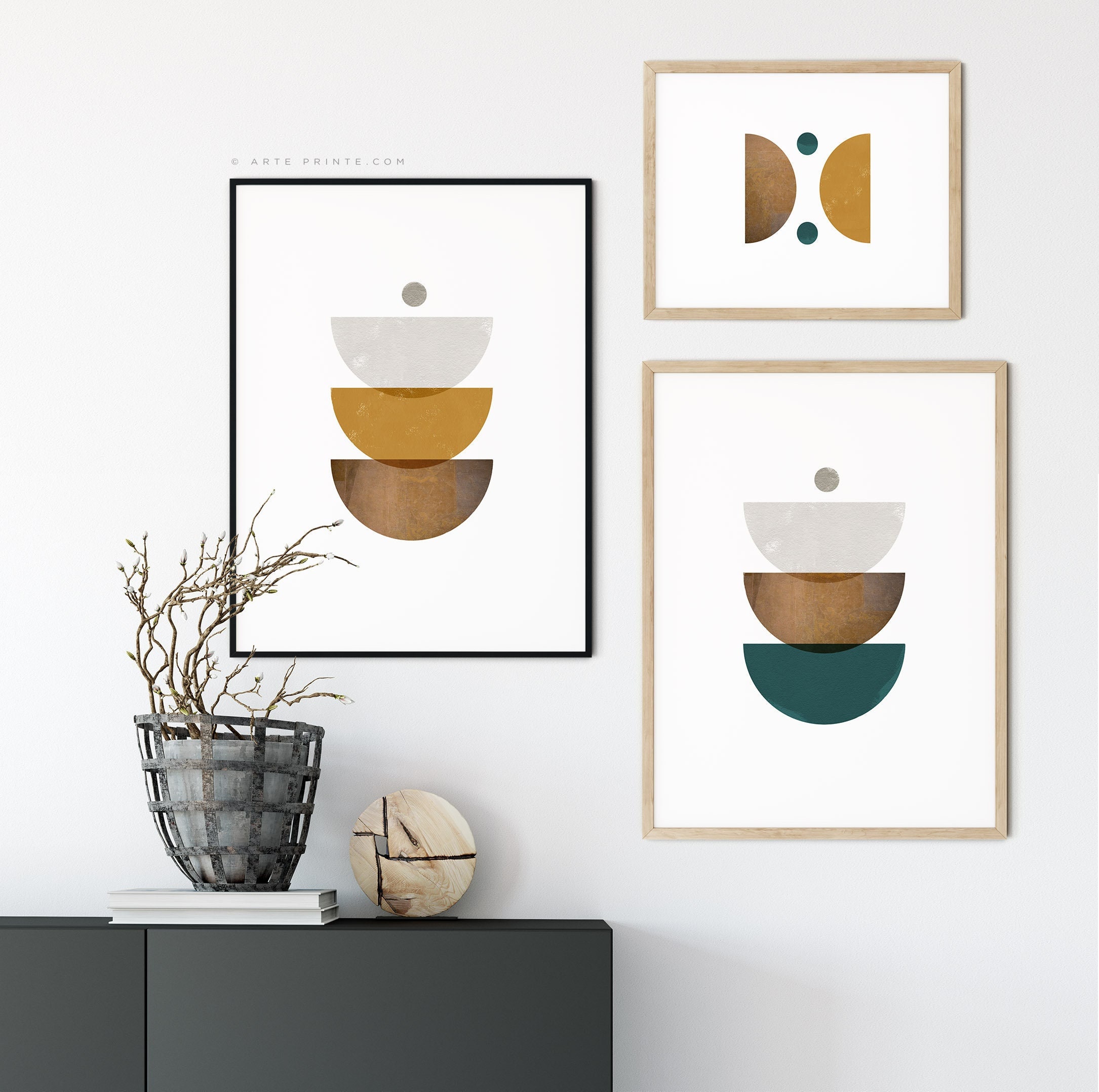 Mid Century Modern Minimalist Wall Art Set of 3 Prints Digital Download, Abstract Geometric Prints, Semicircles & Circles | Aga Szafranska