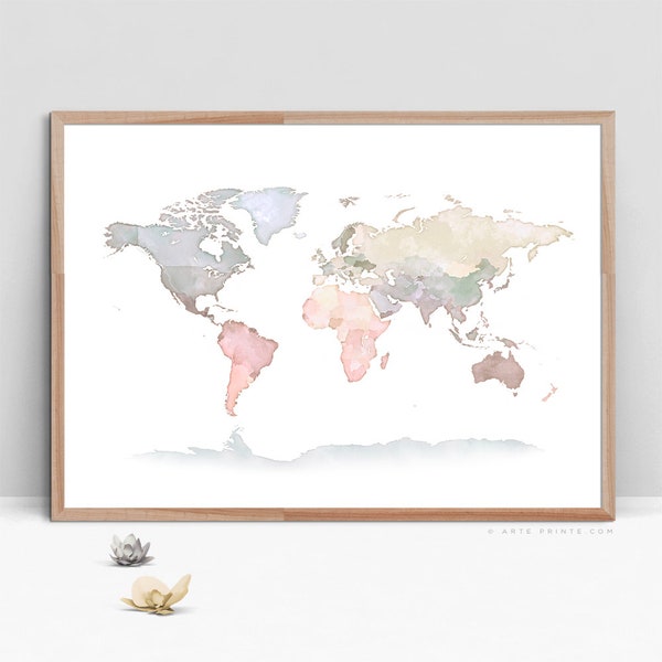 World Map Wall Art, Neutral Baby Nursery Art Print, Pastel Nursery Watercolor World Map Printable, Kids World Map Poster, Digital Download