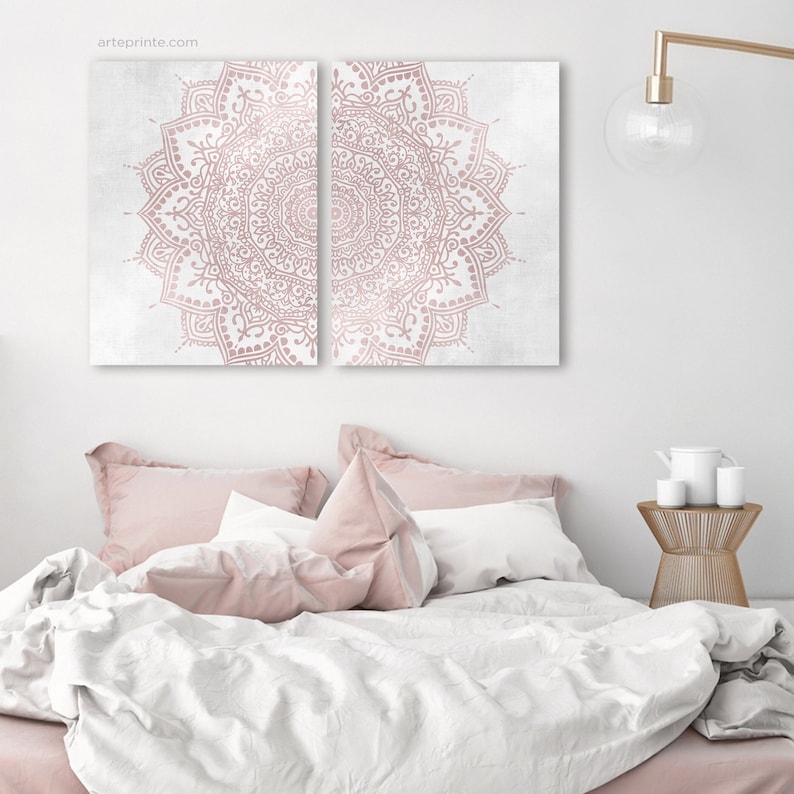 Blush pink gray mandala wall art set of 2 prints - boho bedroom wall decor.