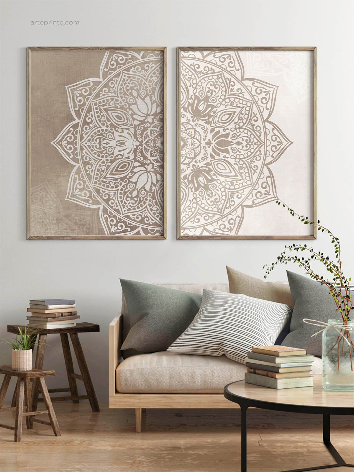 Beige Mandala Wall Art Set 2 Prints Boho Bedroom Living Room Decor ...