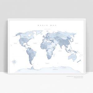 Blue Watercolor World Map Printable: Modern Continents Map, Travel Poster Digital Download