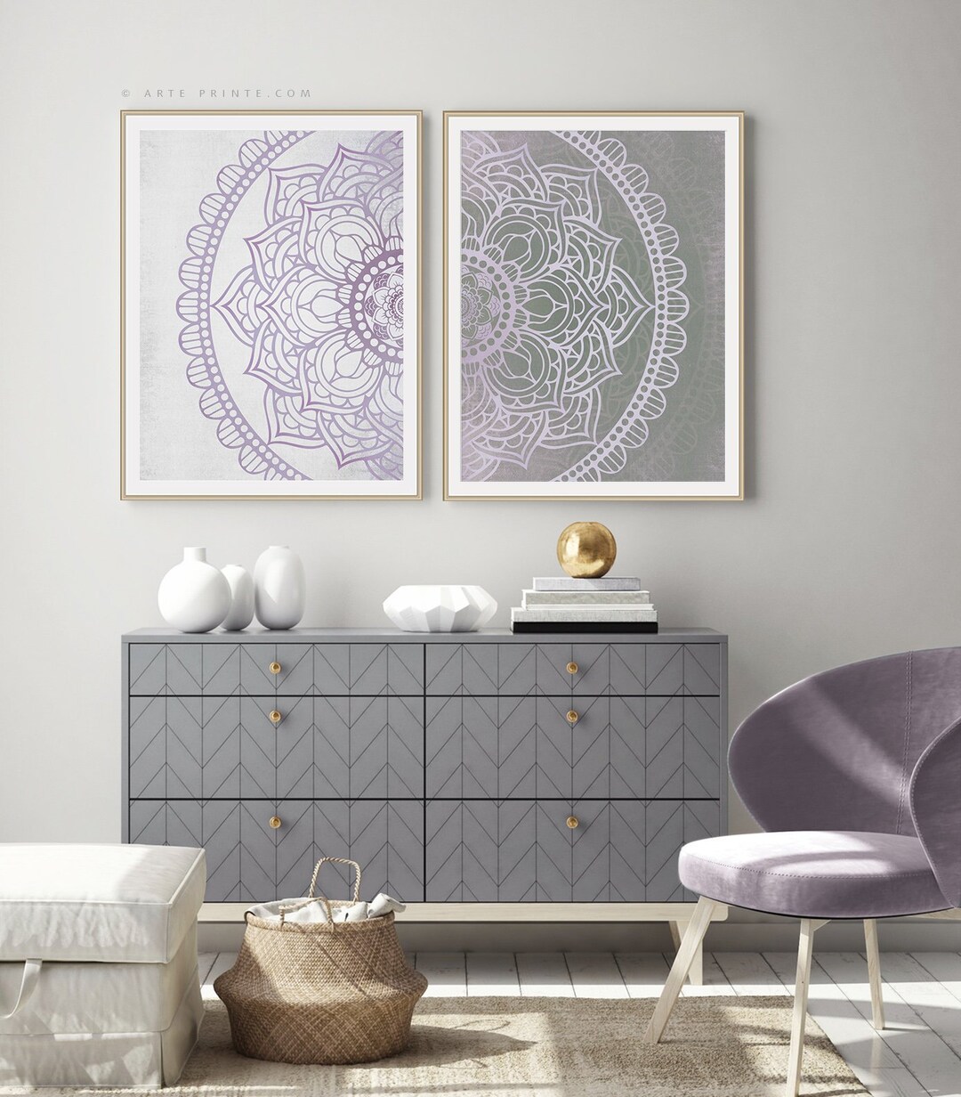 Lilac Gray Mandala Wall Art Set 2 Prints Boho Zen Yoga Decor Digital ...