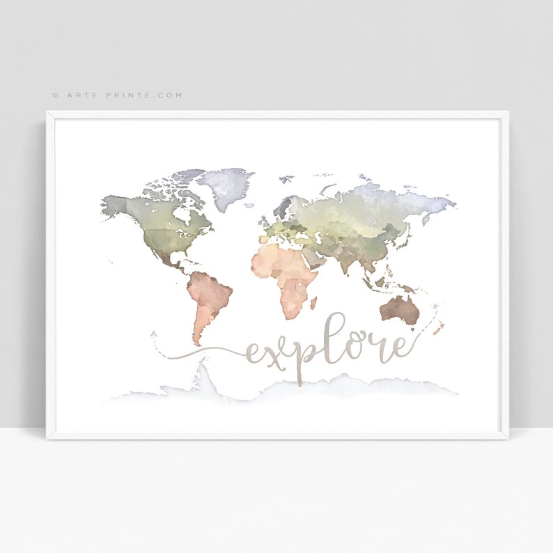 Explore Map Print Modern Nursery World Map Wall Art Digital Etsy Canada