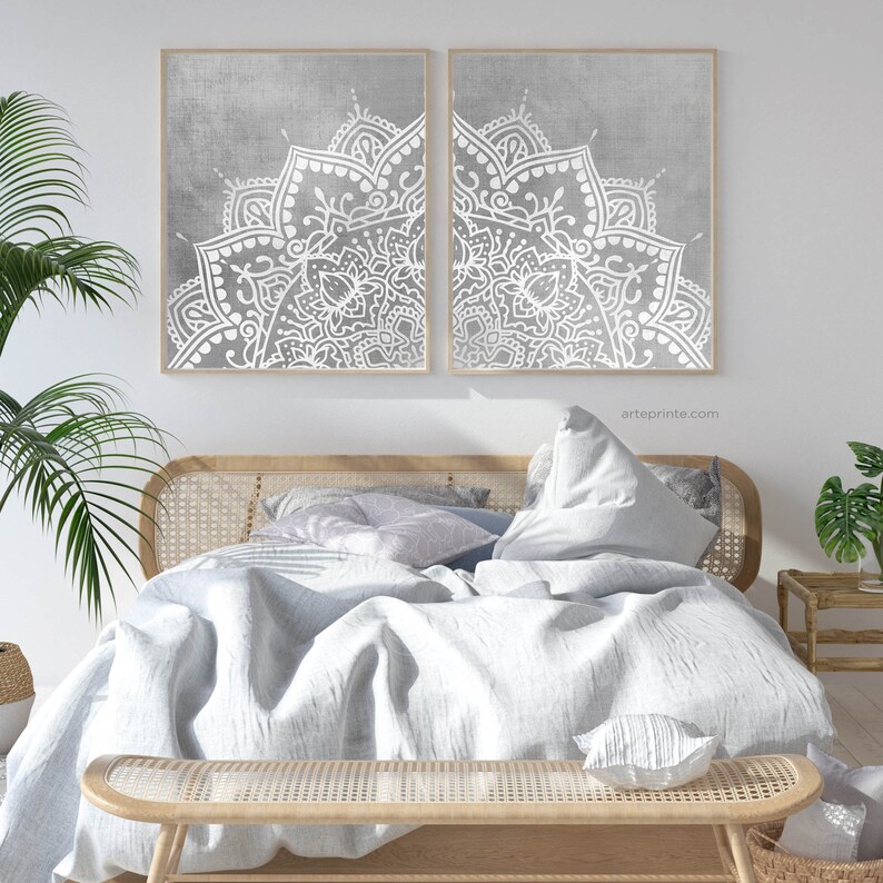 Mandala Printable, DIY Home Decor, Gray Wall Art Set of 2 Prints, Boho