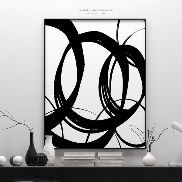 Black White Abstract Wall Art Printable, Modern Black Circles, Minimalist Painting, Black Brush Strokes, Modern Home Decor, Digital Download