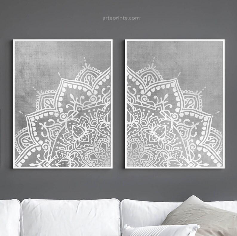 Mandala Printable, DIY Home Decor, Gray Wall Art Set of 2 Prints, Boho