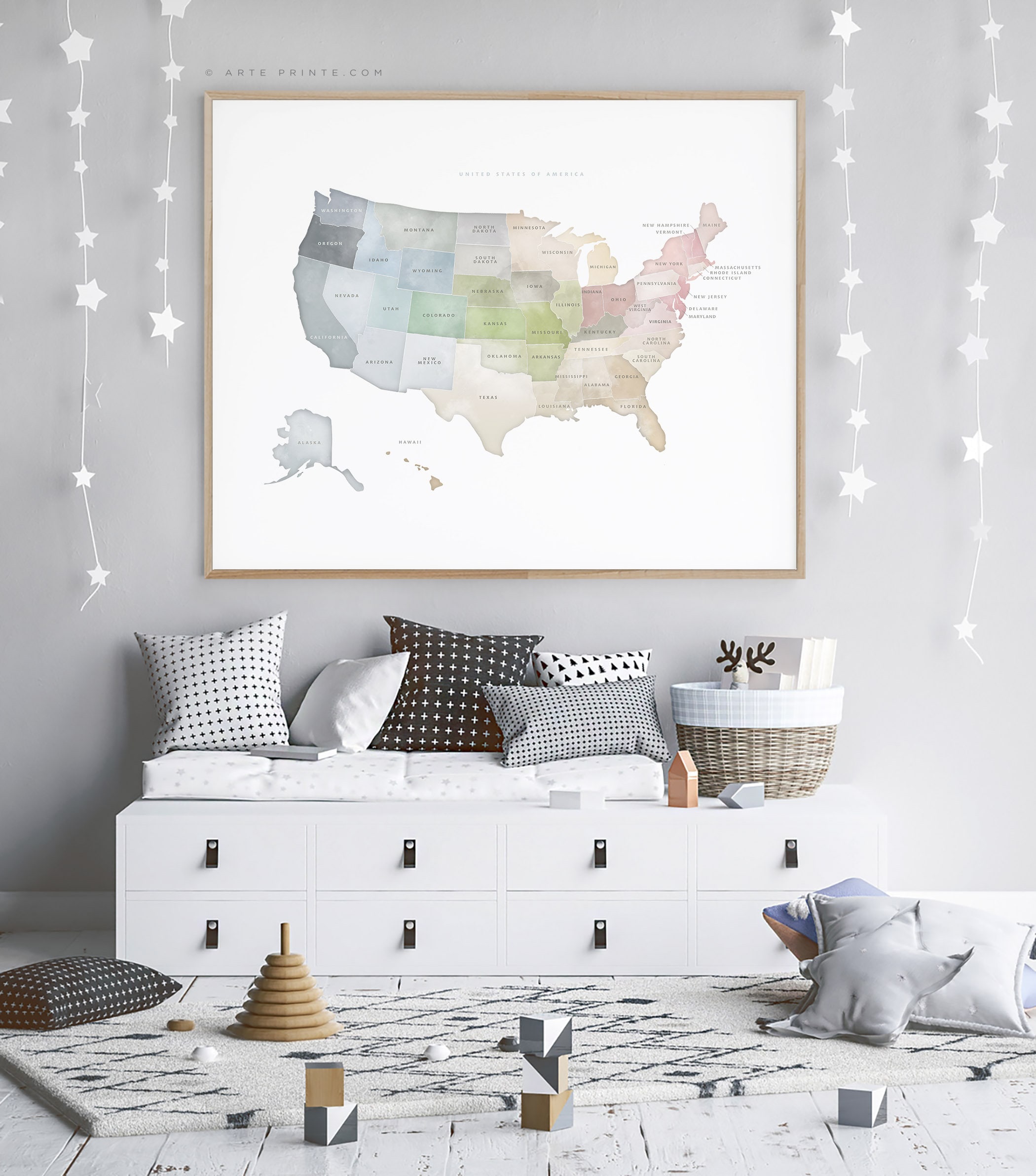 Pastel USA Map Print With State Names: Watercolor United States Wall ...