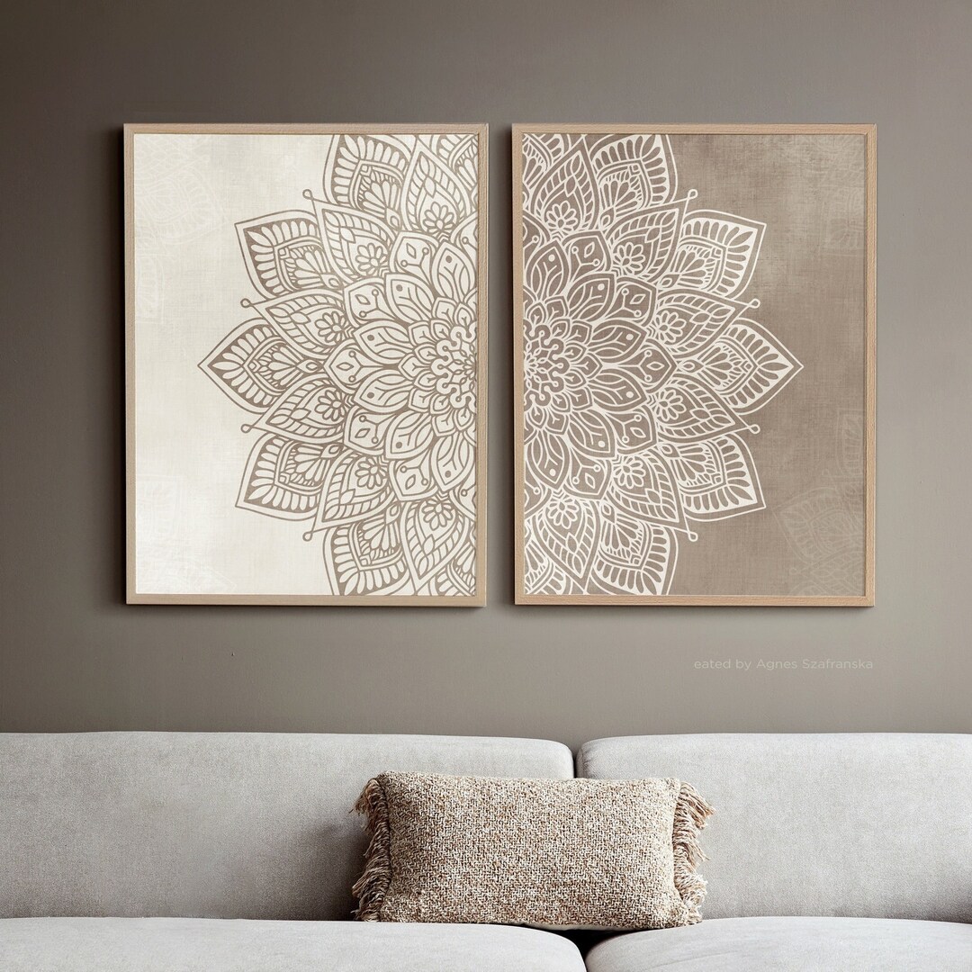 Beige Boho Wall Art Set of 2 Prints, Beige Taupe 2 Panel Mandala ...