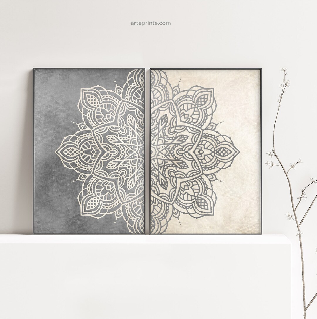Mandala Wall Art Set 2 Prints Digital Download, Gray & Beige Diptych ...