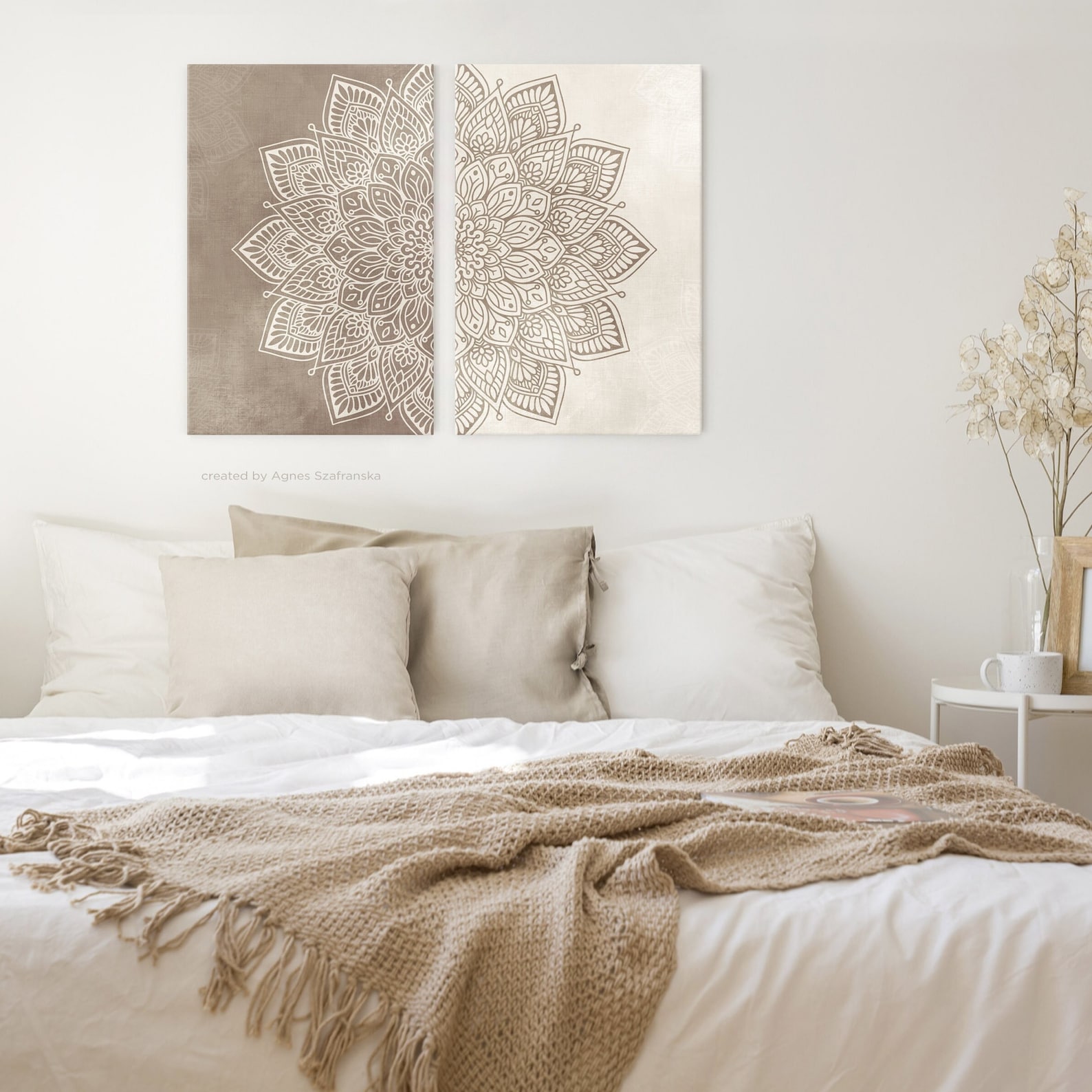 Beige Mandala Wall Art Prints Set 2 Neutral Boho Home Decor Ideas ...