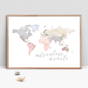 Map Print - ADVENTURE AWAITS World Map Wall Art Printable - Nursery Kid Room Decor, Pastel Watercolor Map Digital Download - Aga Szafranska