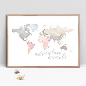 World Map ADVENTURE AWAITS, Pink Blue Beige Wall Art, Watercolor Digital Art Prints, Printable Nursery Kids Room Decor, Digital Download