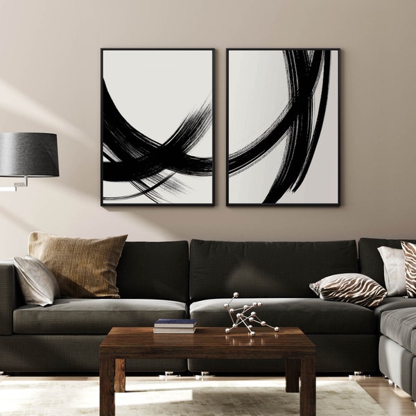 Black & White Abstract Lines Art Set of 2 Prints, Brush Strokes Wall Art, Modern Minimalist Gallery Wall, Modern Home Decor Instant Download