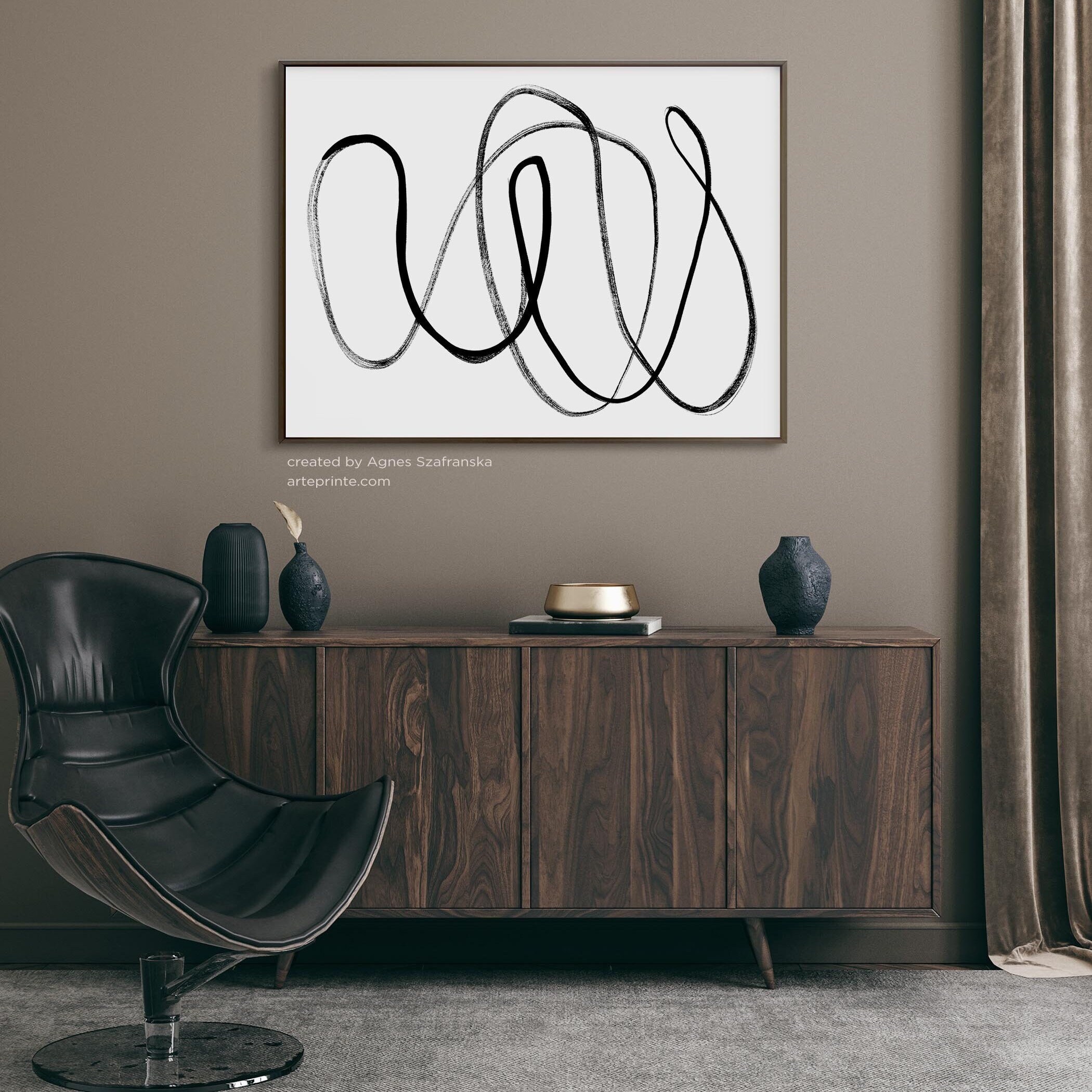 Black White Abstract Line Art Printable: Modern Minimalist Brush Stroke ...